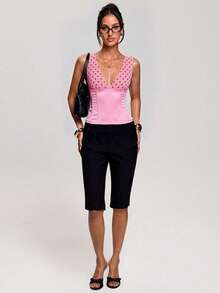 SHEIN BAE 女士时尚性感休闲波点印花V领上衣 - 淺粉色 - 查看 3