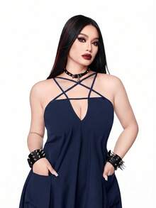 Whyspr Bộ áo liền quần đen phong cách punk thường ngày dành cho nữ cỡ lớn - Màu xanh hải quân - Xem 7
