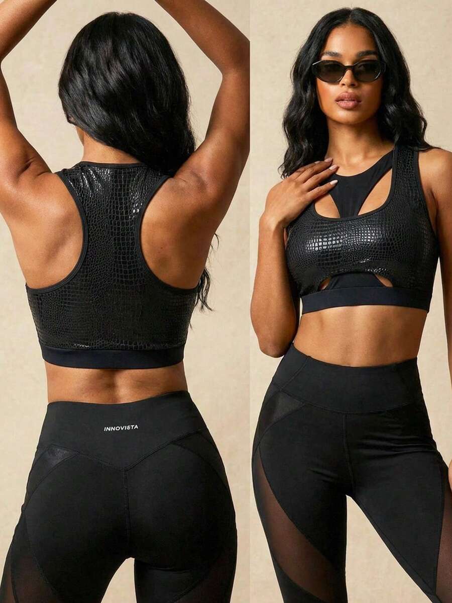 Innovista Innovista Top corto de cuero sintético con estampado de cocodrilo y espalda de tirantes para mujer, apto para danza - Negro - Ver 1