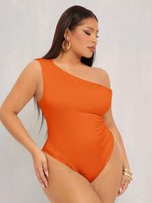 Radiana Chic Orange One Shoulder Sleeveless Bodysuit For Women Plus Size - Orange - View 3