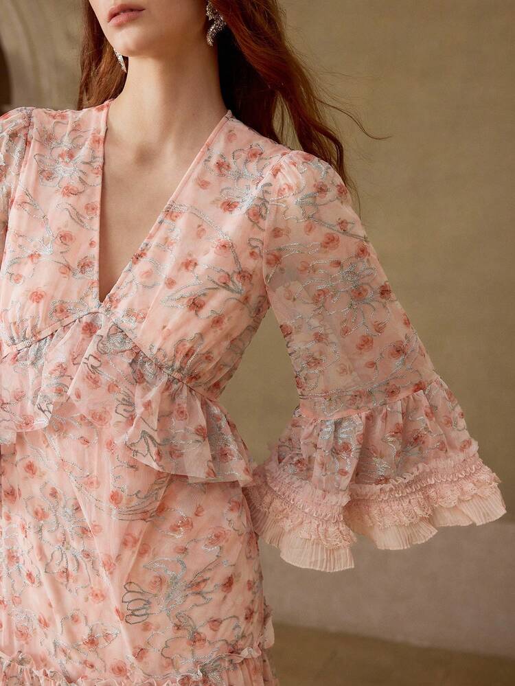 FLORAL PRINT FLOUNCE SLEEVE RUFFLE HEM DRESS