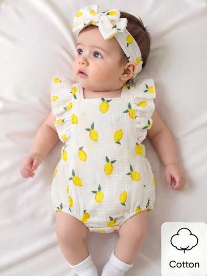 新生儿夏季无袖休闲简约芒果印花连体衣，适合居家休闲或户外购物穿着