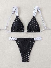 Swim Vcay 女士随机珍珠吊坠比基尼套装，春夏款 - 黑與白 - 查看 2