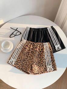 SHEIN 2件套青少年/少女服装 - 经典时尚短裤，两侧饰有4条白色条纹；亮丽黑色豹纹长裤，适合外出和旅行 - 彩色 - 查看 5