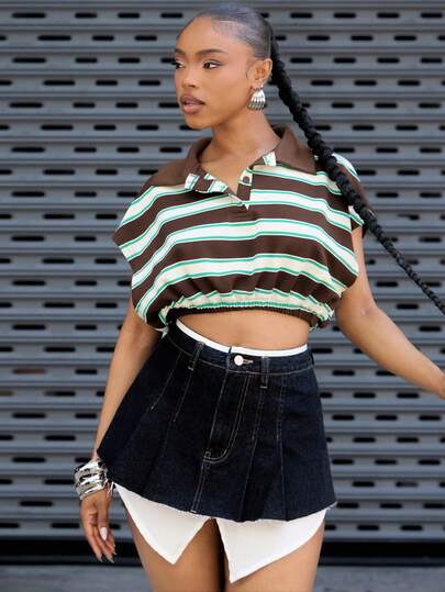 Denimoi Collared Cinched WaisT Polo Top Crop Polo Sleeveless Polo Shirt Preppy Rugby Stripe Polo Shirt