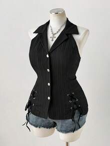 Sunspun Plus Size Casual Whimsical Turndown Collar Cinched Waist Shirt With Eyelets Date Night Black Summer - Black - View 7