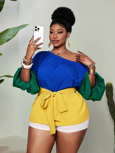 Maweii 春夏多色拼接露肩泡泡袖A字系带腰身休闲度假时尚街头风小众设计日常穿搭简约优雅大码女式衬衫