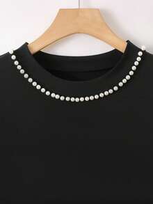 SHEIN Tall Tall Women's Regular Short Sleeve T-Shirt, Beaded Neckline And Cuffs, Fashionable Casual Sexy Golf Pastal Summer - Black - View 4