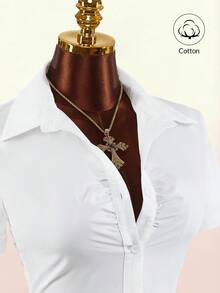 Amplova 2026 New Casual Sexy Shirt With Front Ruched Design And Backless Tie-Up Detail, Cropped - White - View 5