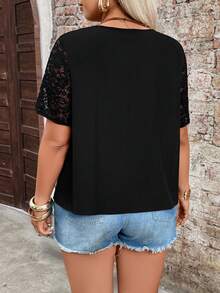 Breezaya Plus Size Women's Contrast Lace Contrast Button Shirt, Fashionable Retro Casual Design Artistic Elegant Ladies Apparel - Black - View 2