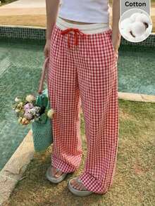 SHEIN EZwear Quần ống rộng kẻ caro đỏ dáng casual dành cho nữ - Đỏ và trắng - Xem 9