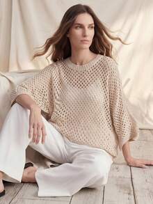 Áo len nữ dáng rộng, cổ tròn, tay cánh dơi, dệt rỗng, màu mơ, thích hợp cho mùa xuân/thu. - Màu be - Xem 6