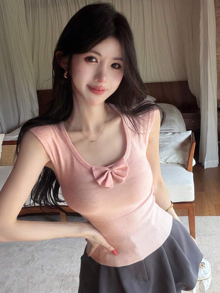 Spring & Summer Pink Casual Fashionable Front Tie-Up Waist Design Knit Pullover Short Sleeve Sweater Top For Women