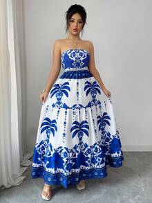 Elenzga 女士优雅波西米亚假日风小众设计蓝白印花抹胸简约高端荷叶边蛋糕定位印花长裙，春夏款 - 藍白色 - 查看 6