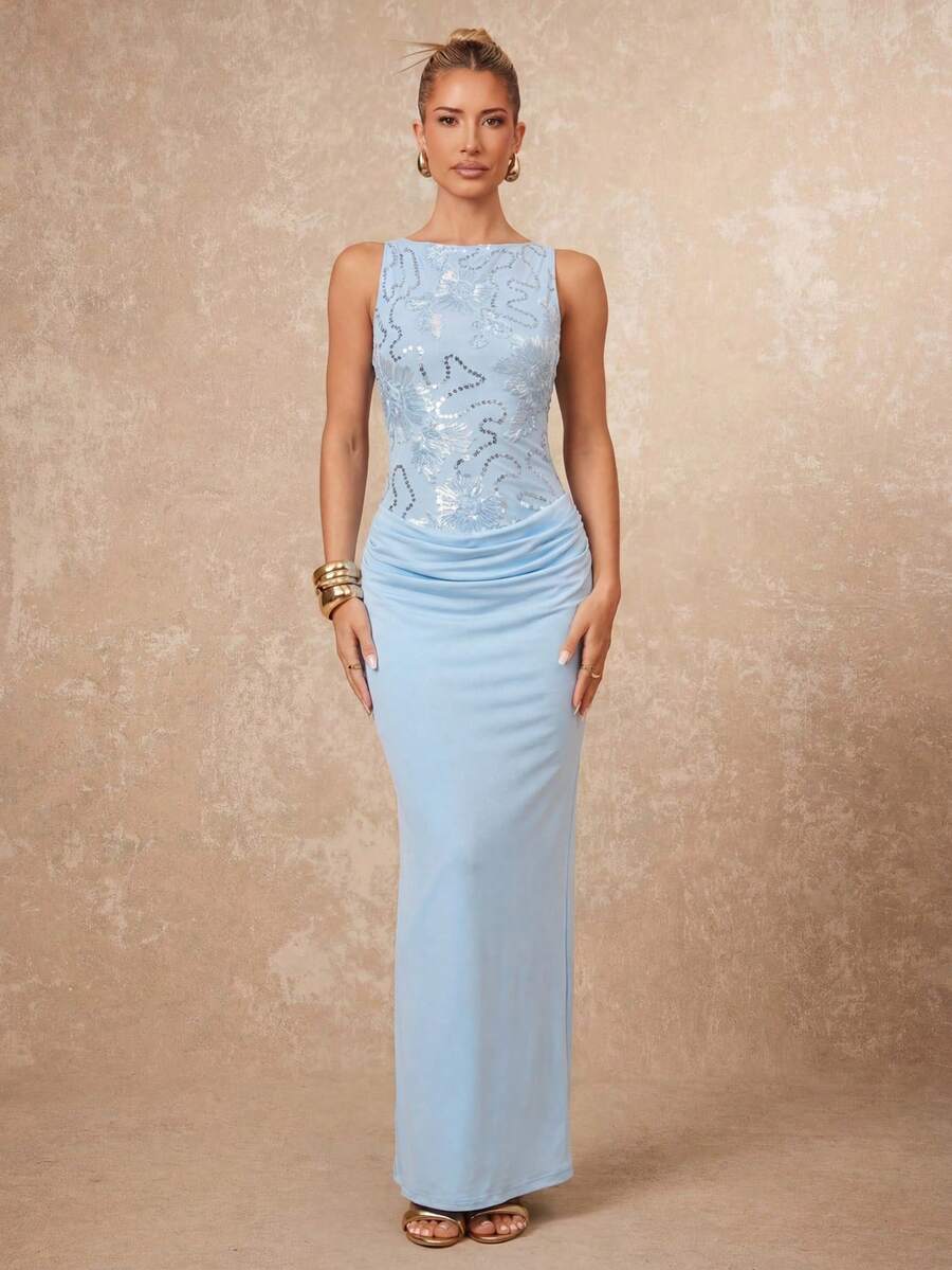 Lumalex Đầm không tay đính cườm hoa 3D thanh lịch