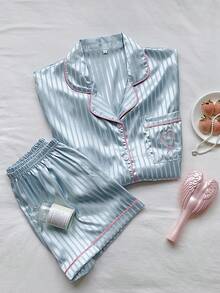 SHEIN Comfortcana Bộ đồ ngủ satin viền tương phản in hình trái tim - Màu xanh Bạc hà - Xem 4