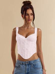 SHEIN BAE 白色 3D 花卉刺绣紧身吊带背心、女式短款上衣、白色紧身胸衣 - 珊瑚粉 - 查看 4