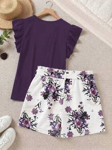 SHEIN LUNE Plus Size Elegant Solid Color Ruffle Trim Top And Purple Floral Print Shorts 2 Piece Set, Summer - Multicolor - View 2