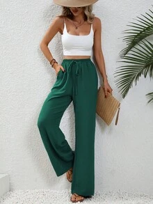 SHEIN Tall 女款卡其色休閒度假風鬆緊腰抽繩寬鬆直筒長褲，適合高個女性 - 墨綠色 - 查看 5