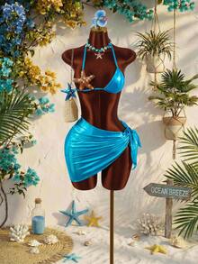 Amplova 女士海星装饰泳衣套装，性感前卫，适合度假，可爱迷你两件套，亮蓝色面料 - 彩色 - 查看 4