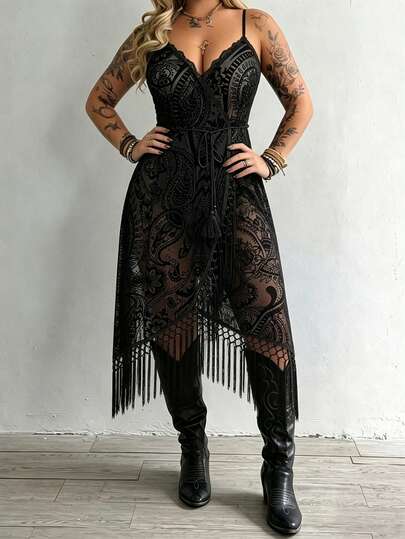 Whyspr Plus Size Women's Sexy Mesh Flocked Patchwork Tassel Design Sleeveless Drawstring Waist Dress