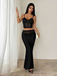 SHEIN PETITE 女士新款秋冬长款缎面蕾丝拼接优雅半身裙，派对装 - 黑色 - 查看 6