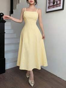 Modelyn 女士优雅浅黄色简约纯色吊带连衣裙和短款外套套装,春夏款 - 黃色 - 查看 7