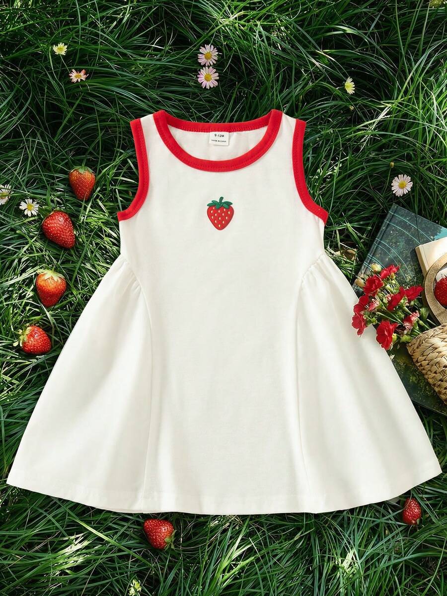 Souflis Souflis Baby/Toddler Girl Cream Casual Knit Dress, Asymmetrical Color Block Design, Cute Strawberry Decor, Suitable For Summer Play, Vacation, Sweet & Lovely