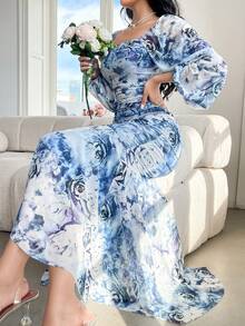 Modelyn 女士花卉印花方领荷叶边长袖连衣裙长款晚礼服 - 藍色 - 查看 8