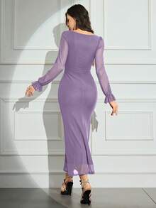 Modelyn Women's Solid Color Mesh Contrast Long Sleeve Casual Dress Long Evening Dresses - Purple - View 3