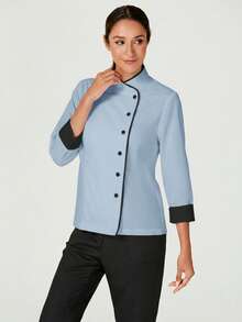 TaskEZ 女士撞色纽扣领长袖工作服厨师外套，七分袖/四分袖 - 藍色 - 查看 3