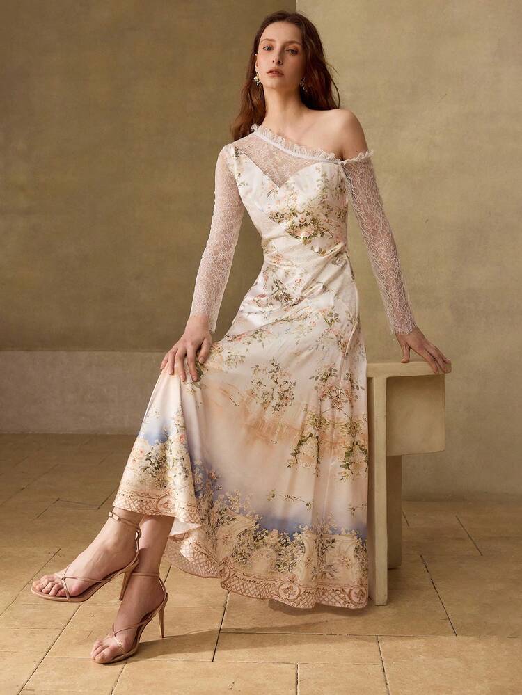 ELEGANT PRINTED CONTRAST LACE LONG DRESS FOR WOMEN