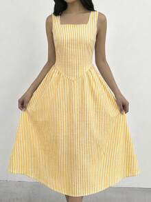 SHEIN Đầm dài ngang gối thanh lịch, cổ vuông, không tay, kẻ sọc xanh trắng, kiểu dáng dành cho thiếu nữ đi nghỉ mát. - Màu vàng - Xem 8