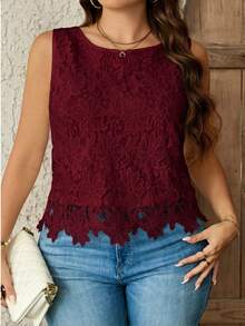 Nubod Blus Bordir Tanpa Lengan Leher Bulat untuk Wanita Ukuran Plus - Burgundy - View 4