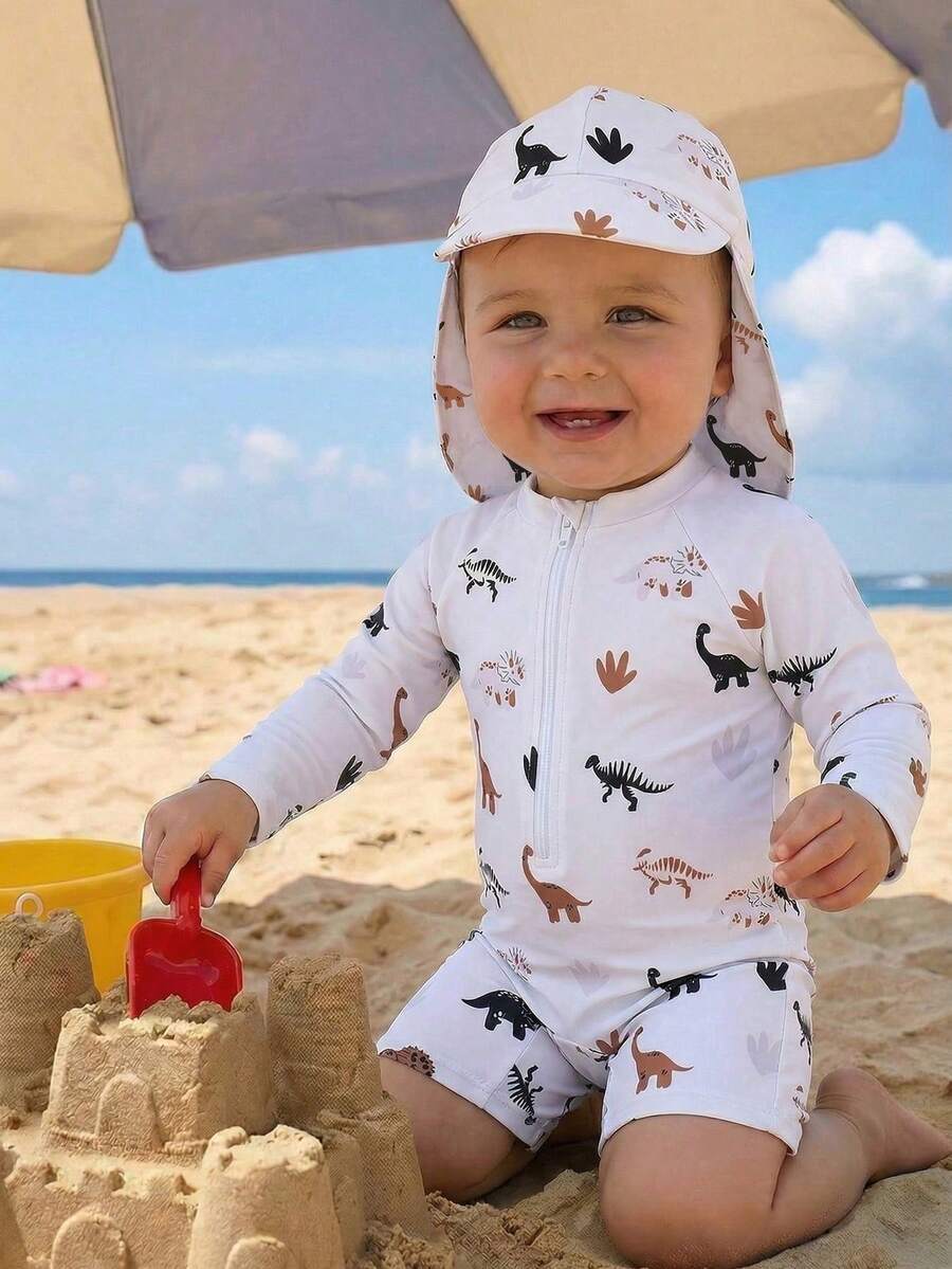 Bộ đồ bơi một mảnh tay raglan in hình khủng long hoạt hình cho bé trai kèm quần short - Nhiều màu - Xem 1