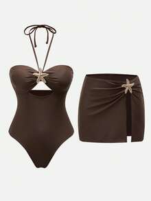 Swim Oasis Women's Beach Vacation One-Piece Swimsuit & Skirt Set - Brown - View 1