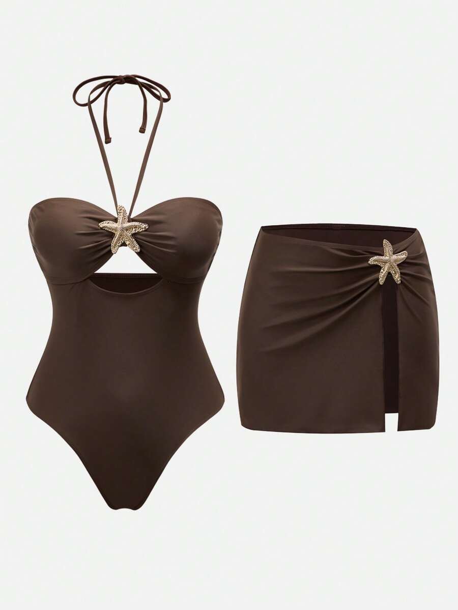 Swim Oasis Women's Beach Vacation One-Piece Swimsuit & Skirt Set - Brown - View 1