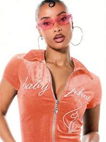 BABYPHAT Velour Zip Up Collared Short Sleeve Top With Script Print And Graphic Design - Coral Orange - View 4