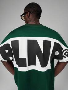 STYNVO Men's Contrast Color Round Neck Short Sleeve Loose T-Shirt With Printed Text - Green - View 4