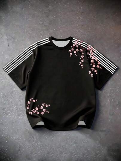 Manfinity EMRG Camiseta de manga corta casual de hombre con estampado de flores de cerezo y rayas, para verano