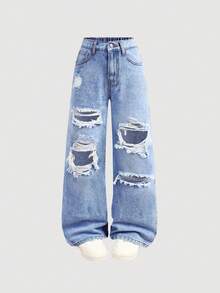 Quần jeans dáng rộng màu xanh rách dành cho bé gái tuổi teen - Màu xanh lam - Xem 4