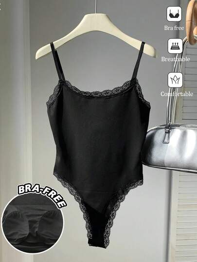 Comfortcana Áo liền thân ren gợi cảm, thoải mái, màu đen, không có đệm ngực, phong cách giản dị tối giản thanh lịch cổ điển, phù hợp mặc đi làm hàng ngày, đi biển, nghỉ xuân, mùa hè, dành cho nữ.
