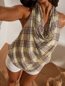 Women's Chiffon Halter Neck Plaid Vest, Suitable For Spring/Summer Vacation - Yellow - View 1