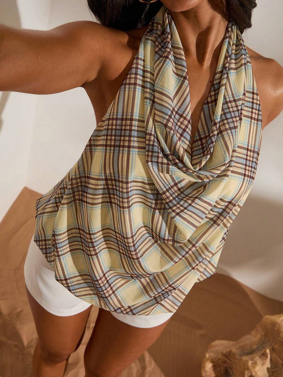 Women's Chiffon Halter Neck Plaid Vest, Suitable For Spring/Summer Vacation - Yellow - View 1