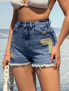 EURMUSE 100%Cotton Back Label Detailed Short With Destroy - Medium Wash - View 7