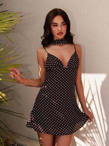 Bris Aura 女士性感波尔卡圆点印花露背吊带连衣裙，夏季 - 棕色 - 查看 3