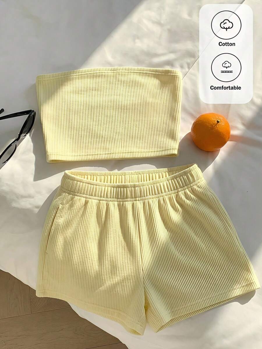 Comfortcana Women's Solid Color Bandeau Top And Elastic Waist Shorts 2 Pieces Casual Set - Yellow - View 1
