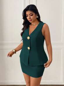 Femmeverse Plus Size Summer Elegant Commuter Gold Button Vest & Mini Skirt Set - Dark Green - View 5