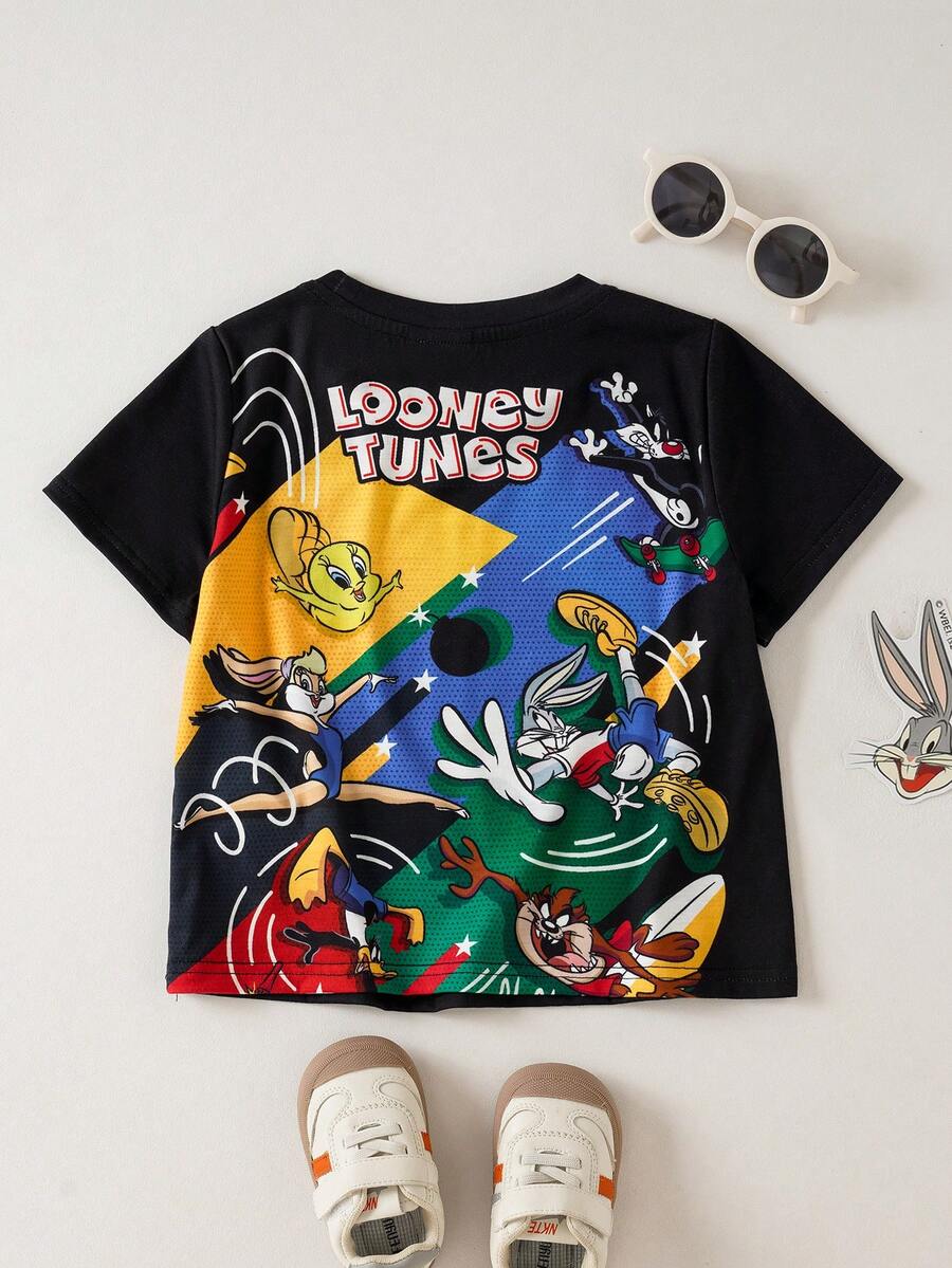 LOONEY TUNES X SHEIN 1件 Young Bo 休闲印花圆领T恤，适合幼儿男童 - 黑色 - 查看 1