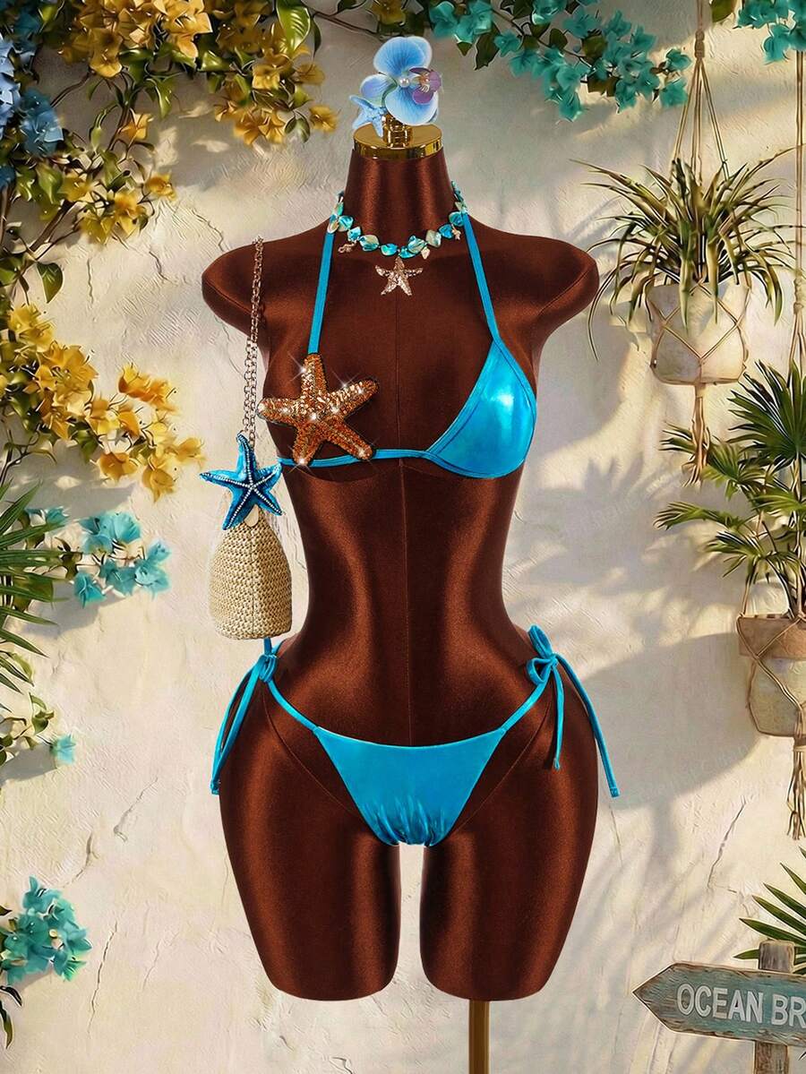 Amplova Women's Swimsuit Set With Starfish Decor, Sexy & Avant-Garde, Suitable For Vacation, Cute Mini 2 Pieces, Shiny Blue Fabric